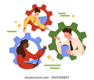 Strong dedicated team, effective cooperation and teamwork of employees. Tiny people work inside gears together, collaboration of characters building success enterprise cartoon vector illustration