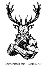 Strong deer the athlete performs the exercise for biceps with dumbbells
