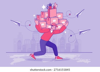 Mensajero fuerte de la entrega que lleva la pila masiva de cajas del paquete que camina en el mapa mundial que representa la logística global del comercio electrónico y la capacidad del servicio de envío internacional.