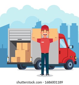 Strong Delivery Man Carton Box Truck Stock Vector (Royalty Free ...