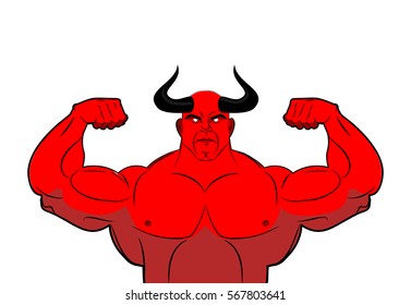 Strong demon with horns. Powerful red devil. Satan bodybuilder
