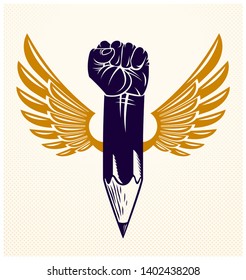 Strong design or art power concept shown as a winged pencil with clenched fist combined into symbol, vector logo or creative conceptual icon for designer or studio.