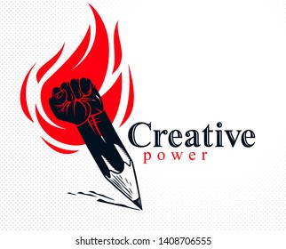 Strong design or art power concept shown as a pencil with clenched fist combined into symbol with fire flame, vector logo or creative conceptual icon for designer or studio, science research.