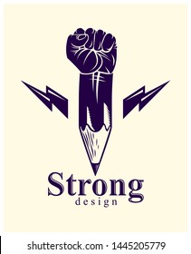 Strong design or art power concept shown as a pencil with clenched fist combined into symbol, vector logo or creative conceptual icon for designer or studio, science research.