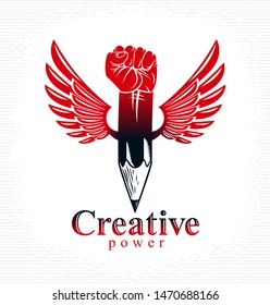 Strong design or art power concept shown as a winged pencil with clenched fist combined into symbol, vector logo or creative conceptual icon for designer or studio.