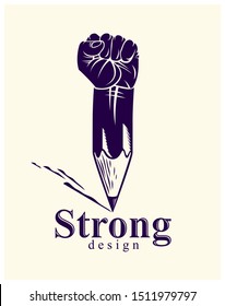 Strong design or art power concept shown as a pencil with clenched fist combined into symbol, vector logo or creative conceptual icon for designer or studio, science research.