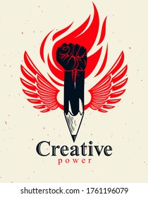 Strong design or art power concept shown as a winged pencil with clenched fist combined into symbol, vector logo or creative conceptual icon for designer or studio.