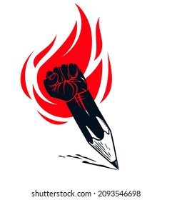 Diseño fuerte o concepto de poder artístico mostrado como un lápiz con puño cerrado combinado en símbolo con llama de fuego, logotipo vectorial o icono conceptual creativo para diseño o estudio, investigación científica.