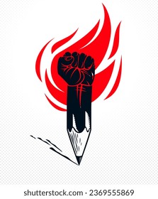 Strong design or art power concept shown as a pencil with clenched fist combined into symbol with fire flame, vector logo or creative conceptual icon for designer or studio, science research.