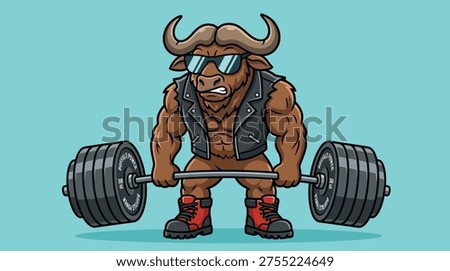 Strong and Determined Cartoon Buffalo Character Lifting Heavy Barbell, Symbolizing Power, Strength, and Fitness Achievement