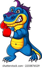 Strong dinosaur using red gloves boxing of illustration