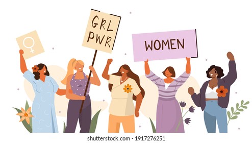 Strong Diverse Women Activists Marching for Equality and Woman's Rights. International Woman Day and Feminism Concept. Flat Cartoon Vector Illustration.
