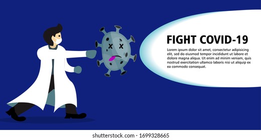 strong Doctor in punching a bacteria microorganism virus. Vector cartoon character illustration icon design. Tablet, health, medical antibiotic concept 