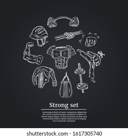 Strong doodle set. Vector illustration. Isolated elements on chalkboard background. Symbol collection.