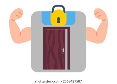 Strong door, padlock, security and protection of the house. Vector simple color flat illustration.