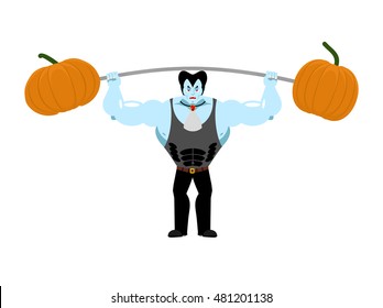 Strong Dracula holding rod and pumpkin. Sports vampire. powerful ghoul. Illustration for halloween scary holiday
