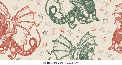 Strong dragon with celtic ornament. Seamless pattern. Packing old paper, scrapbooking style. Vintage background. Medieval manuscript, engraving art. Symbol force, fantasy, fairy tale 