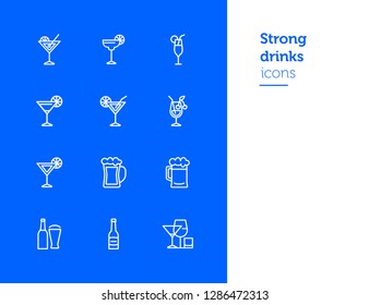 Strong drinks icons. Set of line icons on white background. Beer bottle, martini, margarita cocktail. Alcohol concept. Vector illustration can be used for topic like drinks, bar, menu