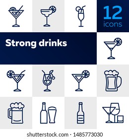 Strong drinks icons. Set of line icons on white background. Beer bottle, martini, margarita cocktail. Alcohol concept. Vector illustration can be used for topic like drinks, bar, menu