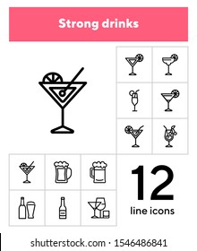 Strong drinks icons. Set of line icons on white background. Beer bottle, martini, margarita cocktail. Alcohol concept. Vector illustration can be used for topic like drinks, bar, menu