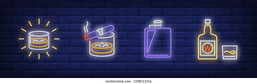 Strong drinks neon sign set. Glass of scotch, cigar, flask, bottle. Vector illustration in neon style, bright banner for topics like refreshment, whiskey, bar