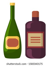 Strong drinks vector, isolated bottles with emblems. Alcoholic beverage poured in containers. Ale or gin, whiskey or run flat style classic liquid