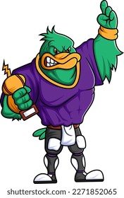 the strong duck mascot of American football complete with player clothe of illustration