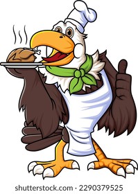 a strong eagle cartoon character who works as a chef and wears a hat is posing for a thumbs up and brings grilled chicken food on a plate of illustration