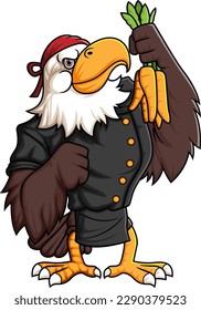 strong eagle cartoon character working as a professional chef carrying a lot of carrots of illustration