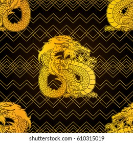 Strong Earth Asian chinese dragon and rhombuses. Gold contour on dark brown black background. Seamless pattern. Vector illustration.