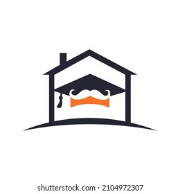 Strong education logo design template. Hat graduation with mustache and home icon design.	