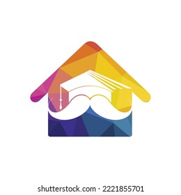 Strong education logo design template. Hat graduation with mustache and home icon design.	