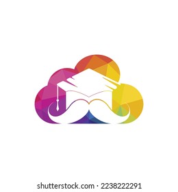 Plantilla de diseño del logotipo de educación sólida. Graduación de sombreros con bigote y diseño de iconos en la nube.	