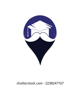 Strong education logo design template. Hat graduation with mustache and gps pin icon design.	