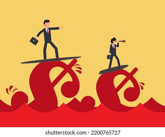 Strong effective management challenge concep. Two businessmen surf dollar waves pointing forward with their index fingers and Looking binoculars