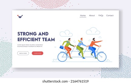 Starke und effiziente Vorlage für Team-Landing-Page. Geschäftsleute, die mit dem Dreierlenker Tandem Fahrrad fahren. Erfolgreiche Teamarbeit, Wettbewerbsgeist, Zielerreichung. Cartoon-Vektorgrafik