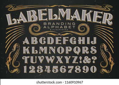 A strong and elegant alphabet with flourishes; excellent for creating high-end labeling