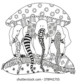 Strong elephant and pillows. Fun. Pattern for coloring book. Artistically patterns. Hand-drawn, retro, doodle, vector, zentangle design elements. Hand-drawn vector illustration.