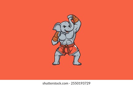 Elefante forte praticando artes marciais em shorts laranja.