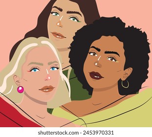 strong and empowered women, vector illustration of female self-esteem concept, women of various nationalities.