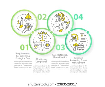 Strong environmental democracy laws features circle infographic template. Data visualization with 4 steps. Editable timeline info chart. Workflow layout with line icons. Myriad Pro-Regular font used