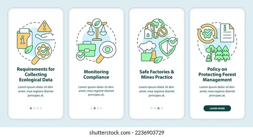 Fuertes leyes de democracia ambiental a bordo de las aplicaciones móviles. Recorrido 4 pasos instrucciones gráficas editables con conceptos lineales. UI, UX, plantilla GUI. Multitud de tipos de letra Pro-Bold, con uso regular