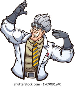 Strong evil scientist posing with arms up. Vector clip art illustration with simple gradients. All on a single layer.
