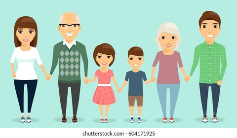 Strong family. All family members are holding hands with each other. Mom and dad, children and grandparents. Happy family.
