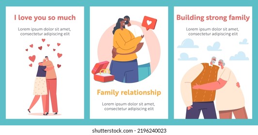 Strong Family Cartoon Banners. Happy Men and Women Embracing and Hugging. Loving Aged and Young Couples Hug, Romantic Relations, People Characters Date, Love, Connection, Romance. Vector Posters