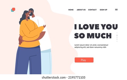 Strong Family Landing Page Template. Happy African Man and Woman Hugging. Loving Couple Romantic Relations, Black Lovers Characters Dating, Love, Romance Connection. Cartoon People Vector Illustration