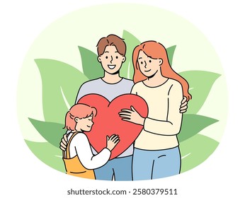 Strong family of loving parents and little pre-teen girl hold big heart. Happy spouses hug celebrating family day and rejoicing that they have become mother and father for child from orphanage.