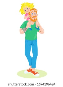 Strong father with a little cute daughter on his shoulders. In cartoon style. Isolated on white background. Flat vector illustration.