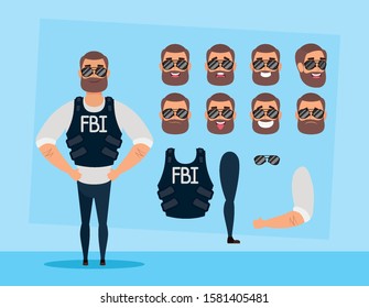 strong fbi man with set faces character vector illustration design