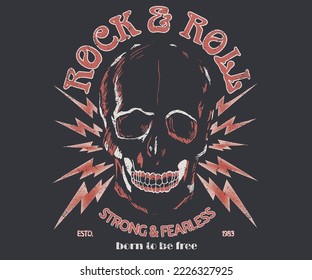 Strong and fearless graphic print design.  Skulls rock and roll vintage artwork for t-shirt and apparel design, typography, print, logo, poster.